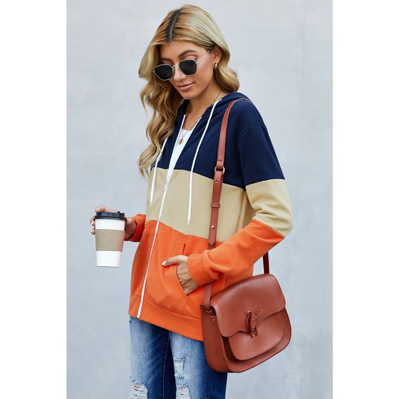 BLUE TAN ORANGE COLOR BLOCK FULL ZIP DRAWSTRING HOODIE SIZE 2XL 18-20 - Picture 4 of 11